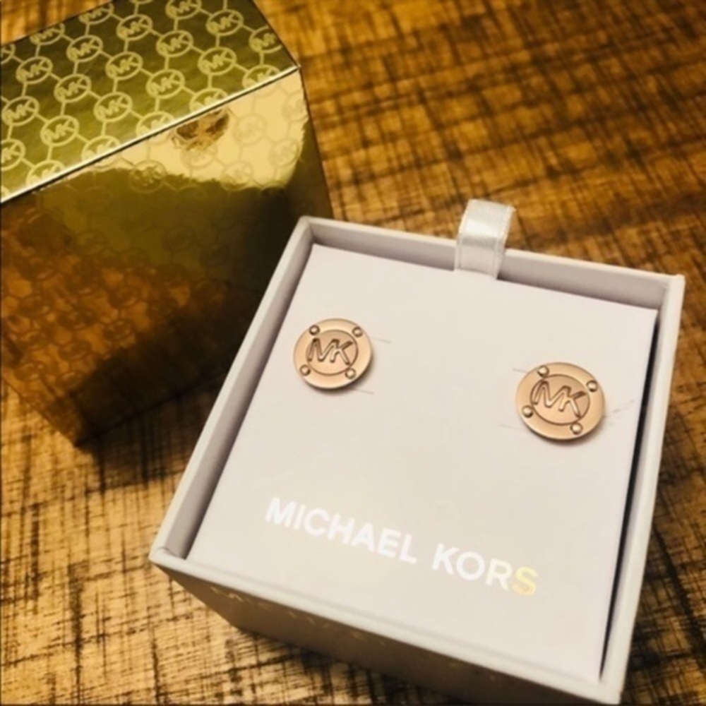 Michael Kors MK Logo Rose Gold Stud Earrings Gift Box NWT